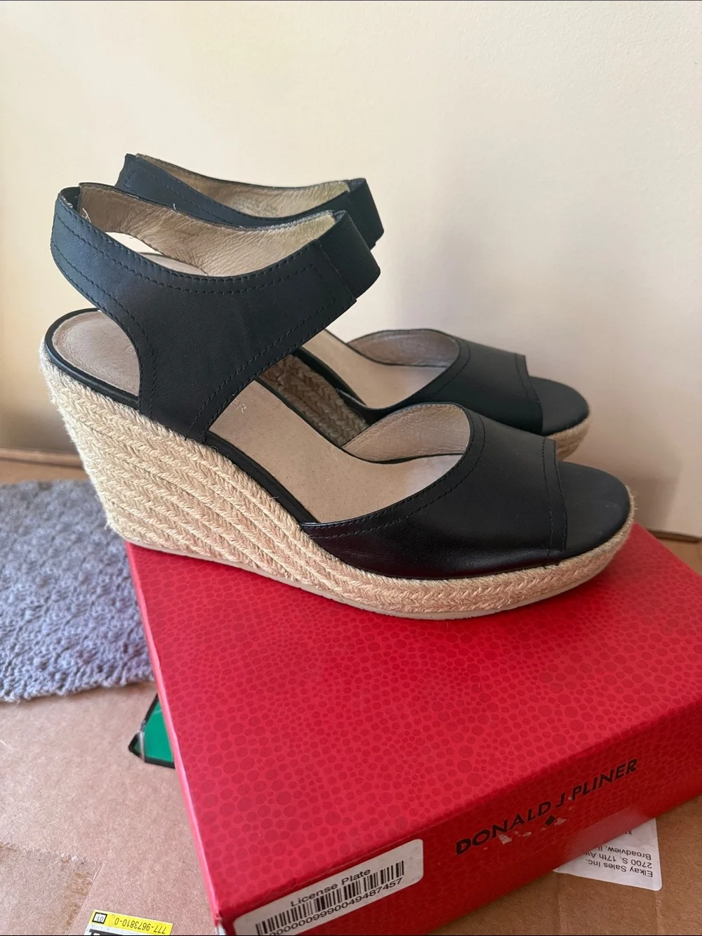 Donald J. Pliner Black Leather Espadrille Wedge Sandals